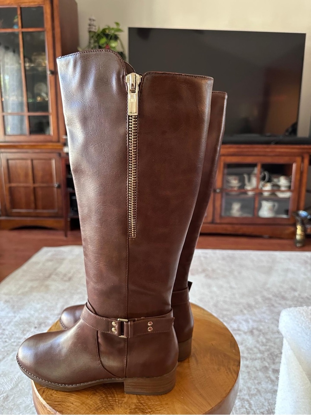 Material Girl Chocolate Brown Over-the-Knee Faux Leather Boots with Side Zip